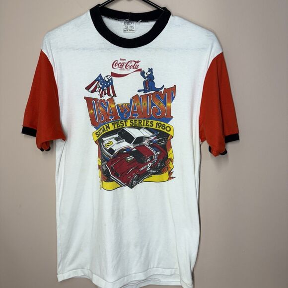 Vintage Sprint 80s Ringer T Shirt Racing Liverpool Raceway USA vs Australia Coke - Picture 1 of 13